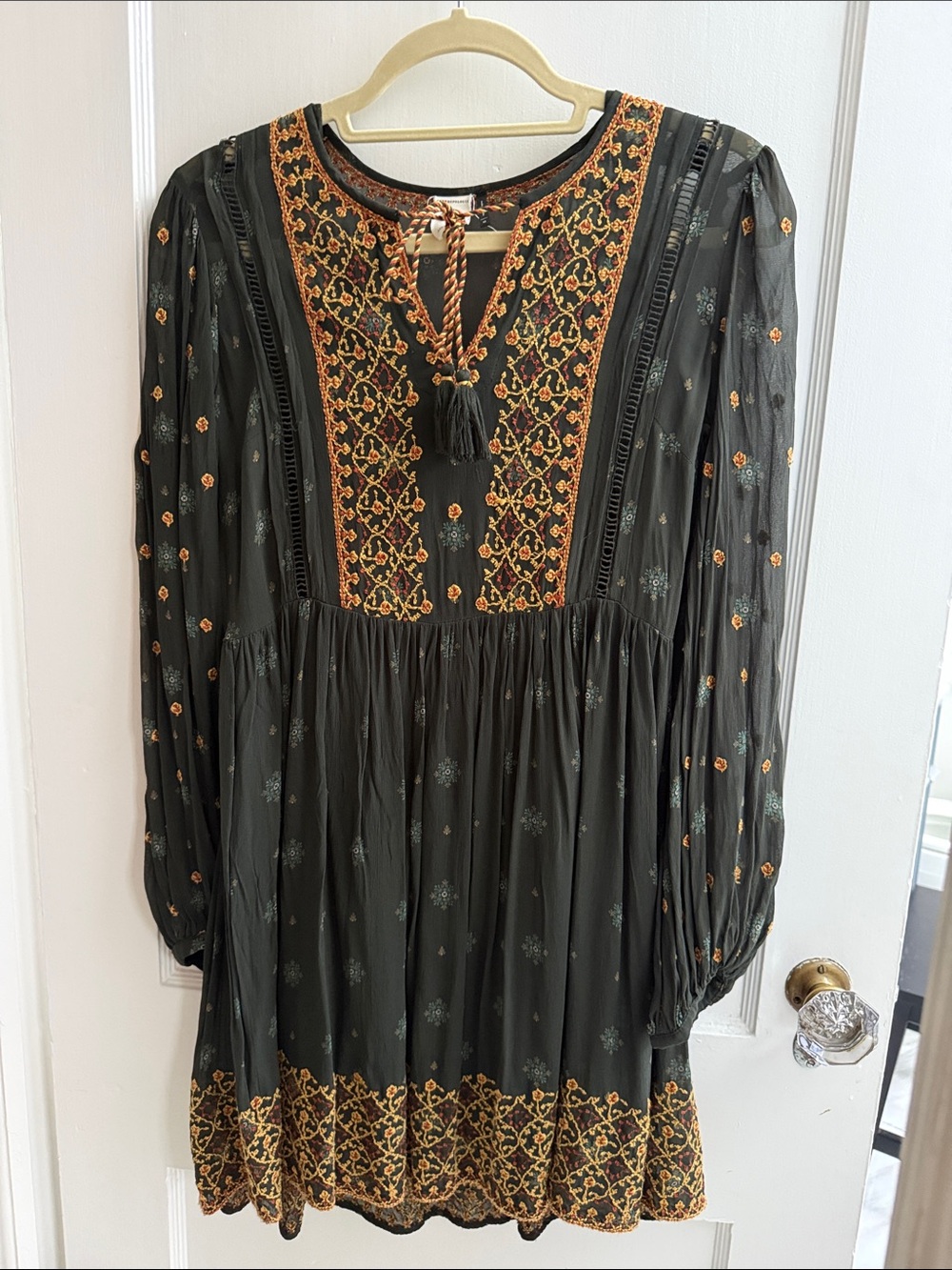 Boho Embroidered V-Neck Tunic Dress with Orange Accents